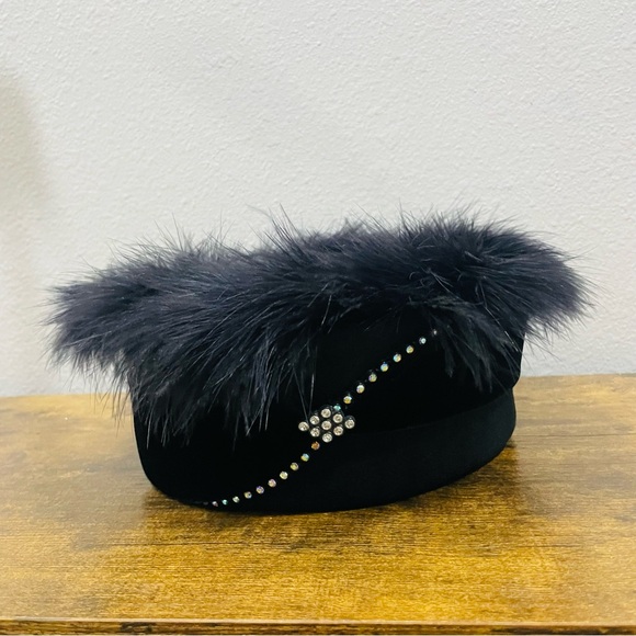 Elegant Black Wool Pill Box Church Hat Feather-Trimmed  with Rhinestone Detail main image 12
